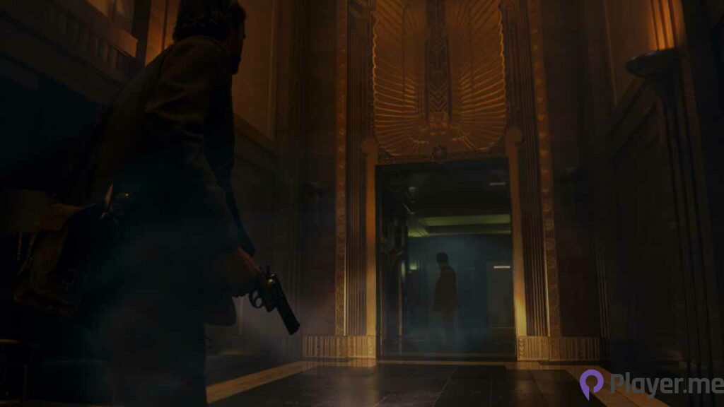 An image from Alan Wake 2, features Alan sees Casey at the entrance of Parliament Tower with an echo. Alan Wake 2 DLC roadmap.
