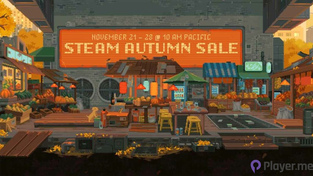 Official image of Steam Autumn Sale 2023, featuring a market place.